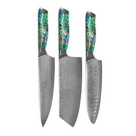Shinrai Knives - Parelmoer Jewels 3-delige Damascus Messenset - Koksmes + Nakiri + Santoku Shinrai Knives - Parelmoer Jewels 3-delige Damascus Messenset - Koksmes + Nakiri + Santoku Messenset Shinrai Knives