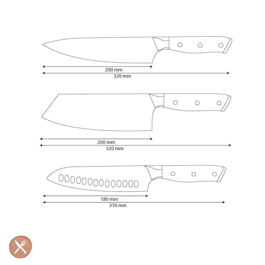 Shinrai Knives - Parelmoer Jewels 3-delige Damascus Messenset - Koksmes + Nakiri + Santoku Messenset Shinrai Knives