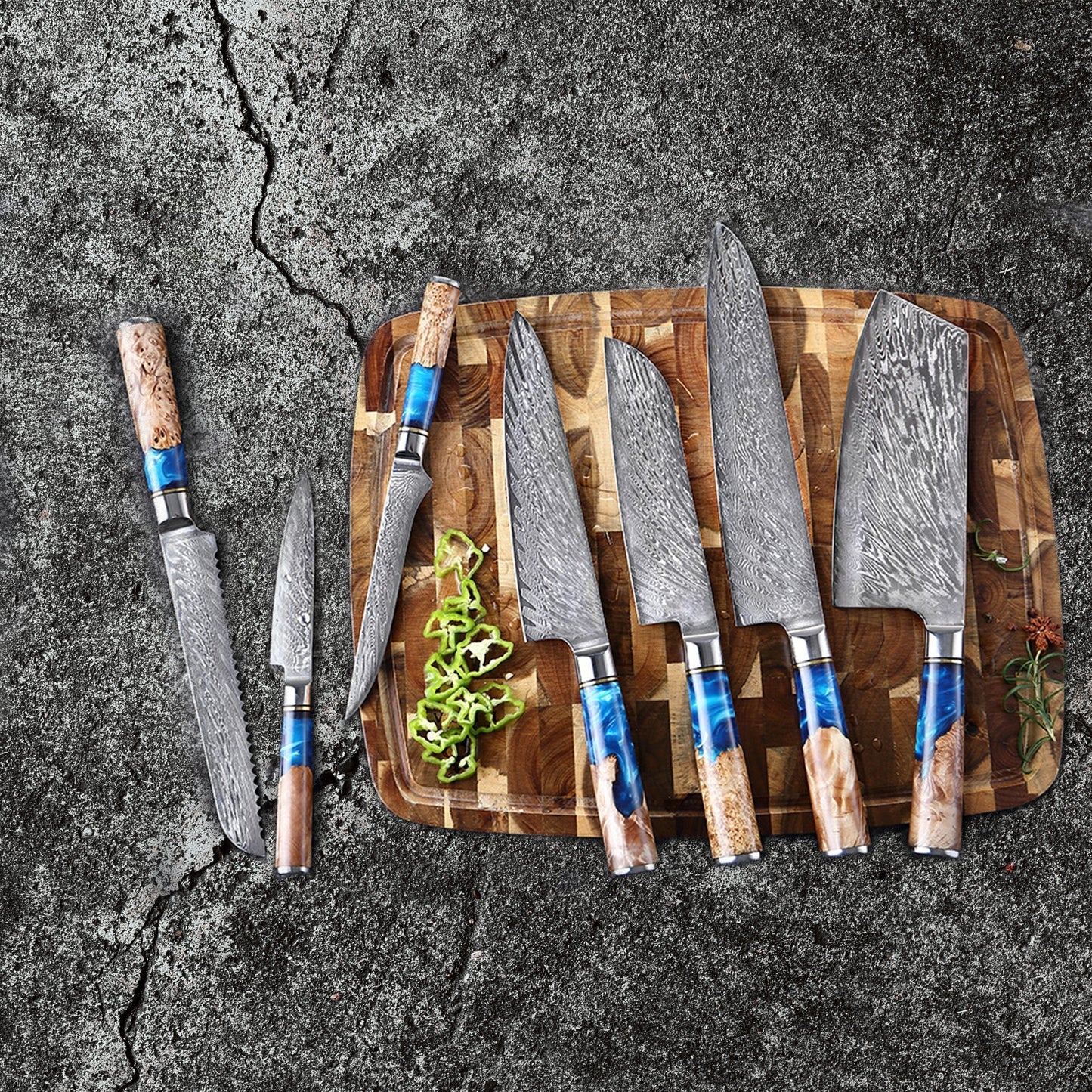 Epoxy Sapphire 6-delige Damascus Messenset + Acacia houder dubbelzijdig Shinrai Japan