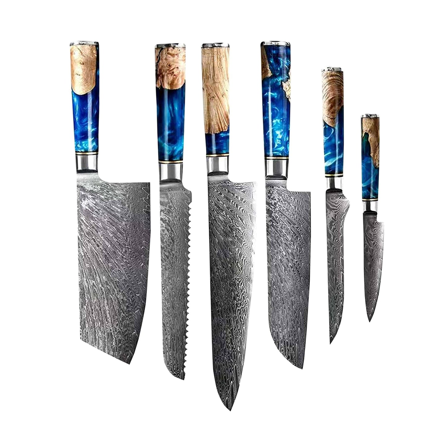 Epoxy Sapphire 6-delige Damascus Messenset + Acacia houder dubbelzijdig Shinrai Japan
