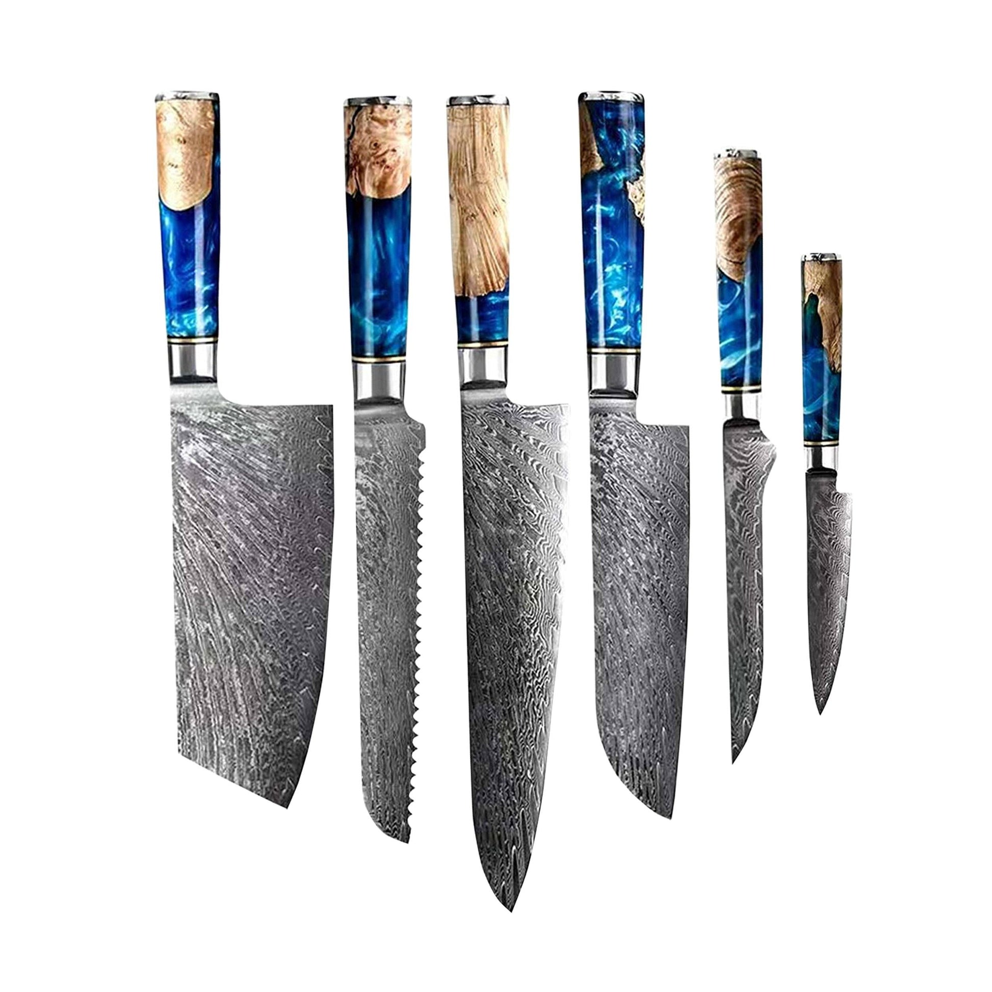 Epoxy Sapphire 6-delige Damascus Messenset + Acacia houder dubbelzijdig Shinrai Japan