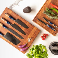 Epoxy Sapphire 6-delige Damascus Messenset + Acacia houder dubbelzijdig Shinrai Japan