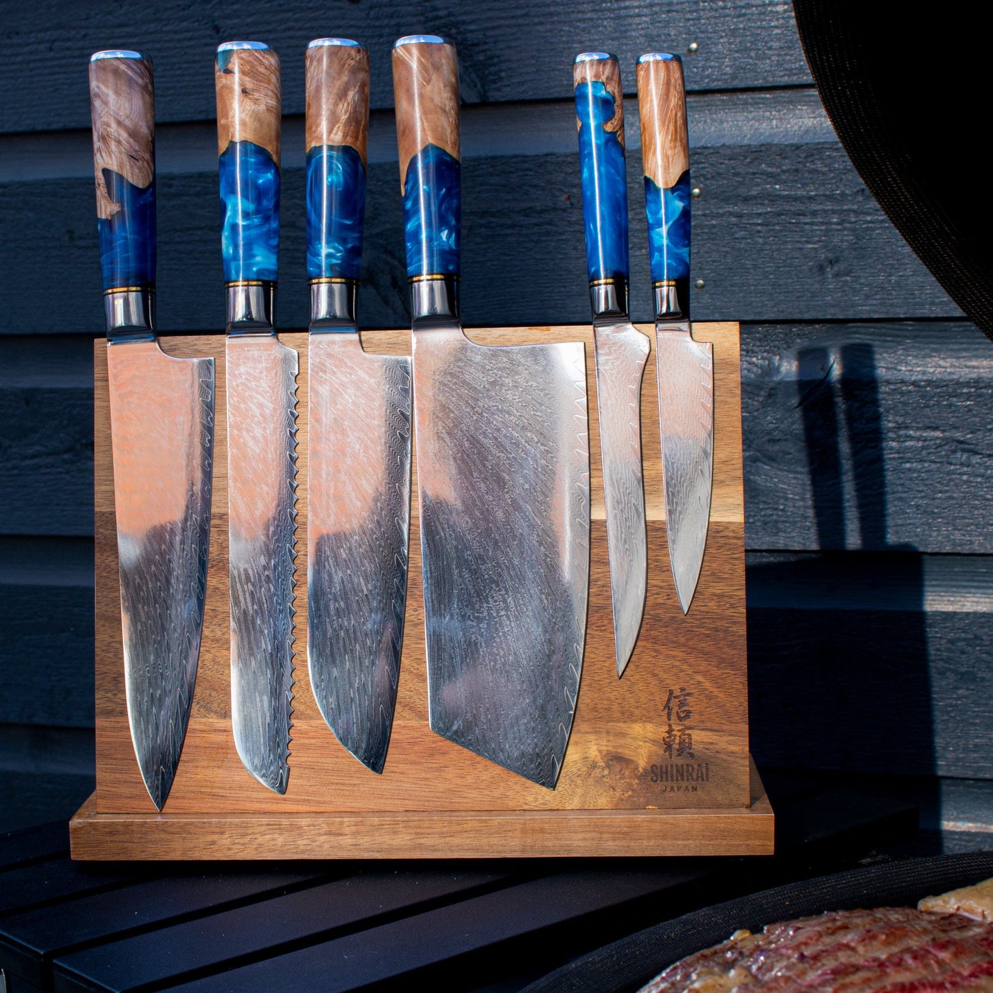 Epoxy Sapphire 6-delige Damascus Messenset + Acacia houder dubbelzijdig Shinrai Japan