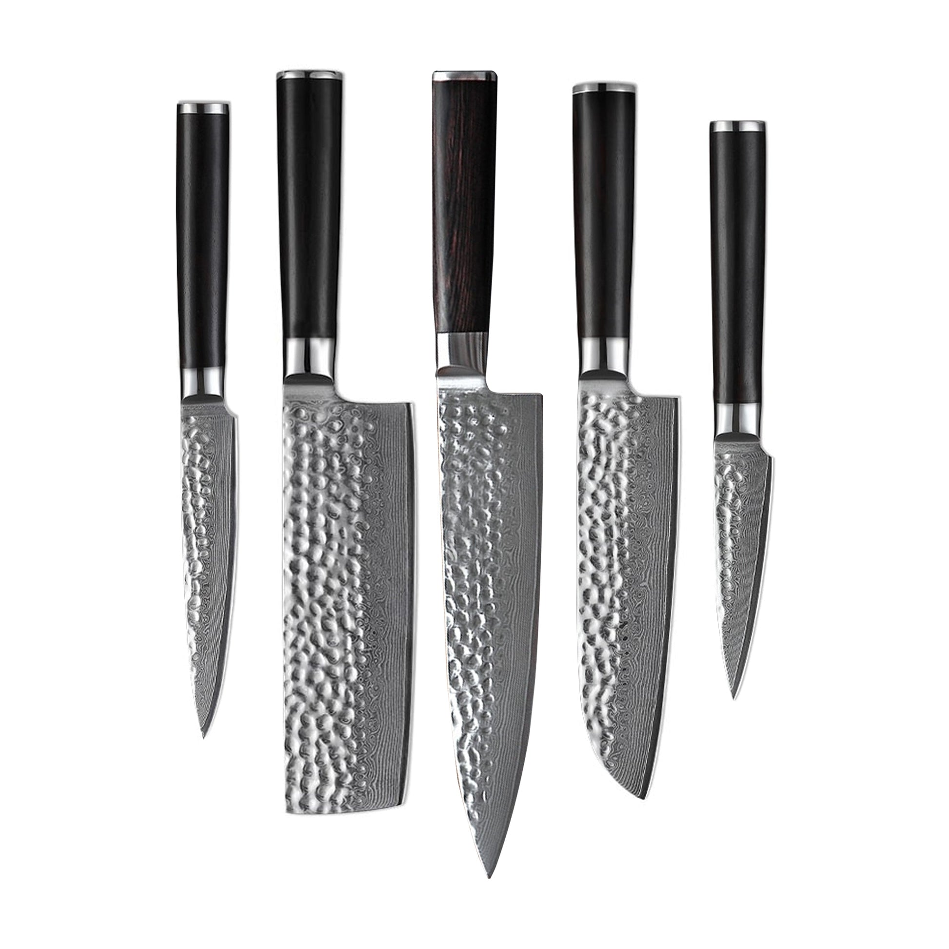 Hammered Damast BR 5-delige Damascus Messenset + Acacia houder dubbelzijdig Messensets Shinrai Japan