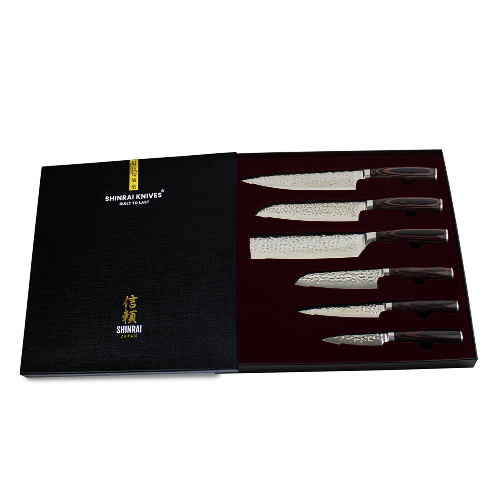 Hammered RVS 6-delige Messenset + Acacia houder enkelzijdig Messenset met blok Shinrai Japan