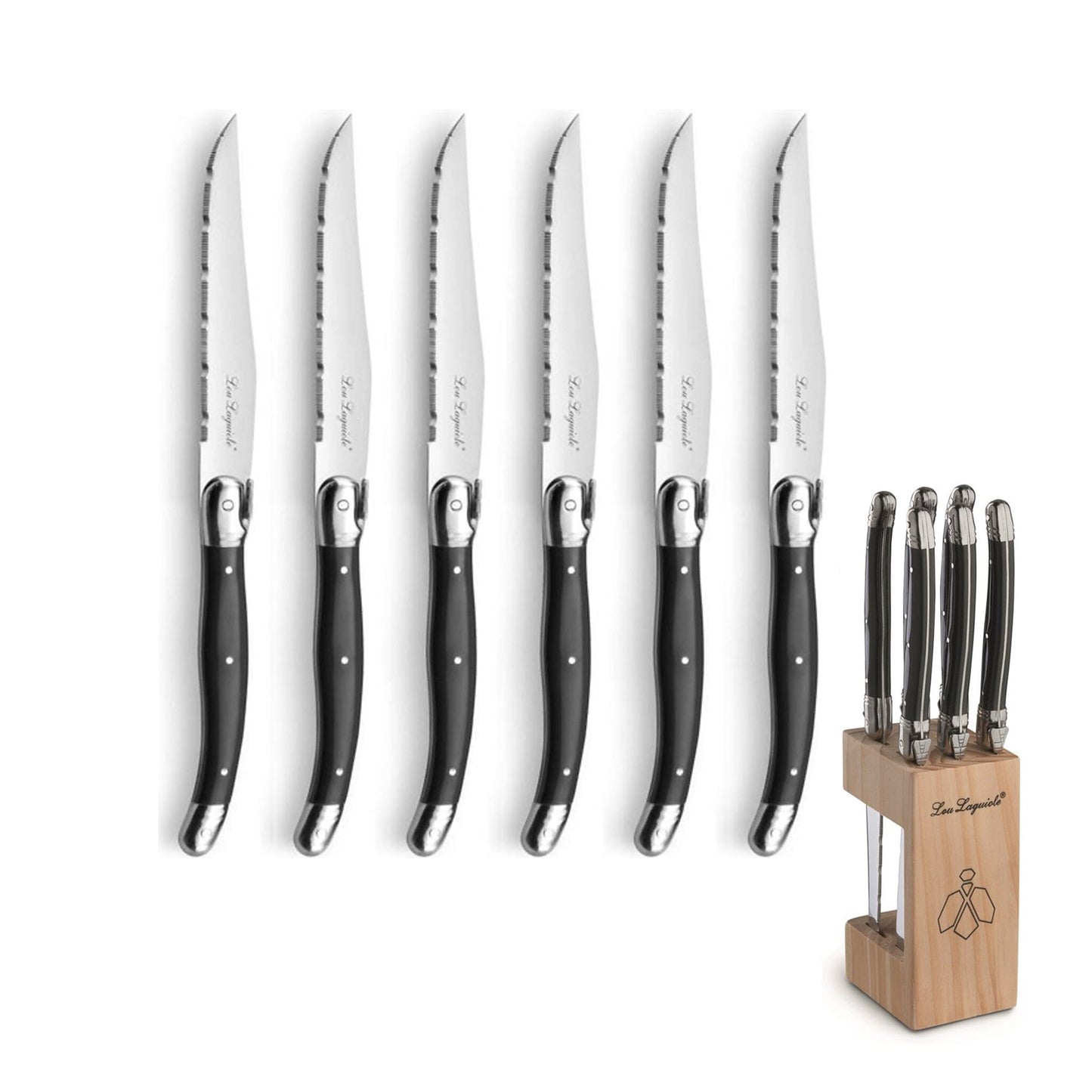 Lou Laguiole - 6-pc steak knives in wooden block - anthracite Steakmes Lou Laguiole