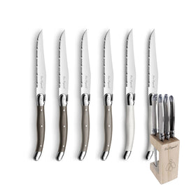 Lou Laguiole - Tradition 6 Steakmessen + Messenblok - Peper/Parel/Taupe Lou Laguiole - 6-pc steak knives in wooden block- mixed colors (pepper/pearl/taupe) Steakmes Lou Laguiole