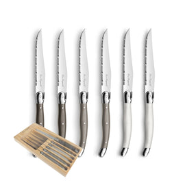 Lou Laguiole - Tradition 6 Steakmessen - Peper/Parel/Taupe Lou Laguiole - 6-pc steak knives in wooden box - mixed color (pepper/pearl/taupe) Steakmes Lou Laguiole