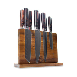 Shinrai Knives - Damascus Print 9-delige Messenset + Magnetisch Messenblok Dubbelzijdig Messenset Damascus print 9-delig + Acacia Houder Dubbelzijdig Messensets Shinrai Japan