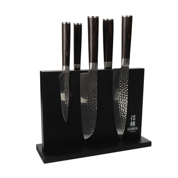 Shinrai Japan - Hammered Damast BR 5-delige Messenset + Magnetisch Messenblok Dubbelzijdig - Zwart