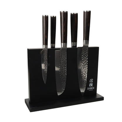 Shinrai Japan - Hammered Damast BR 5-delige Messenset + Magnetisch Messenblok Dubbelzijdig - Zwart