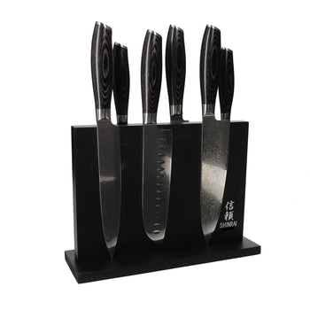 Shinrai Japan - Ensemble de couteaux 6 pièces en bois Damask Pakka + bloc de couteaux magnétique double face - Noir