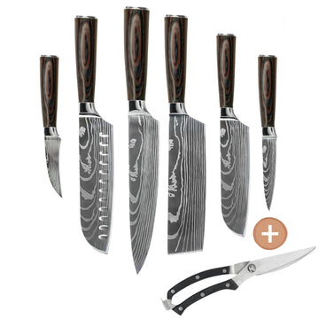 Shinrai Knives - Damascus Print 6-delige Messenset + Gratis Wildschaar