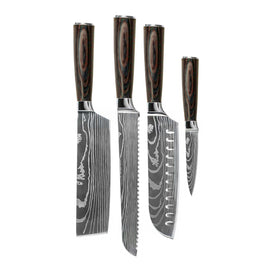 Couteaux Shinrai - Ensemble de 4 couteaux imprimés Damas - Santoku + Couteau à pain + Couteau Nakiri + Couteau d&#39;office