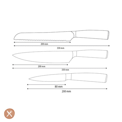 Shinrai Knives - Hammered RVS 3-delige Messenset - Koksmes + Broodmes + Schilmes