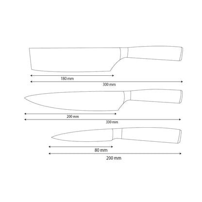 Shinrai Knives - Hammered RVS 3-delige Messenset - Koksmes + Nakiri + Schilmes