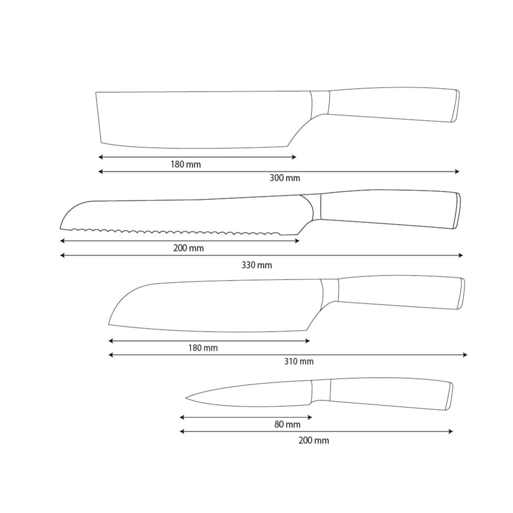 Shinrai Knives - Hammered RVS 4-delige Messenset - Santoku + Broodmes + Nakiri + Schilmes