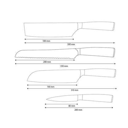 Shinrai Knives - Hammered RVS 4-delige Messenset - Santoku + Broodmes + Nakiri + Schilmes
