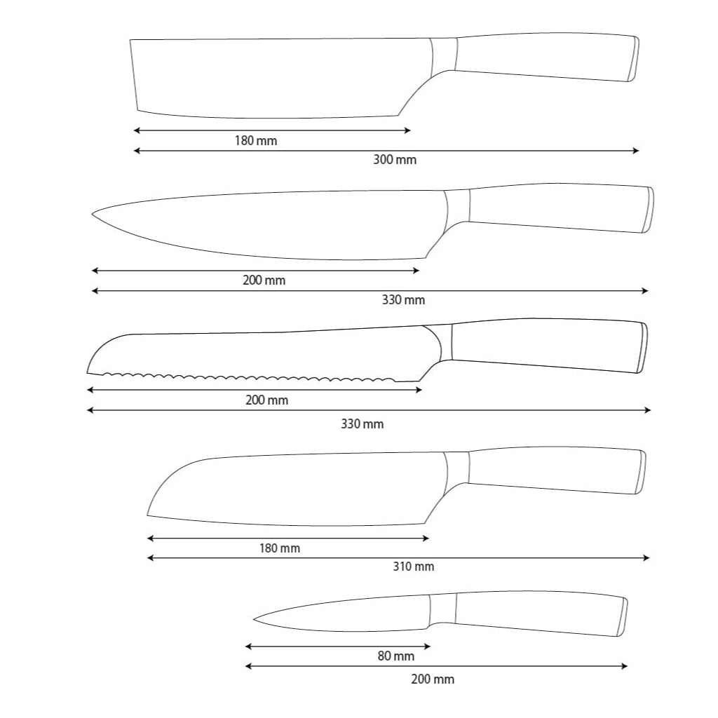 Shinrai Knives - Hammered RVS 5-delige Messenset - Koksmes + Broodmes + Nakiri + Santoku + Schilmes