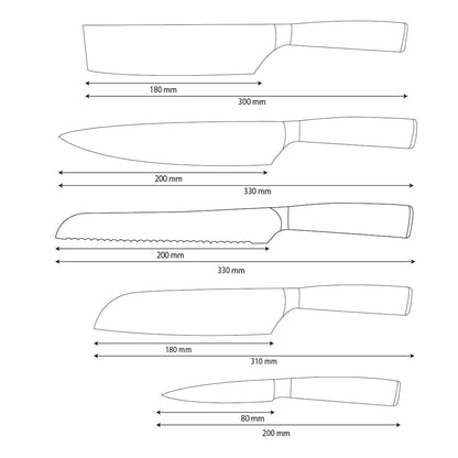 Shinrai Knives - Hammered RVS 5-delige Messenset - Koksmes + Broodmes + Nakiri + Santoku + Schilmes