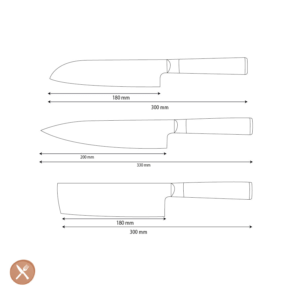 Shinrai Knives - Hammered Damast BR 3-delige Messenset - Koksmes + Nakiri + Santoku