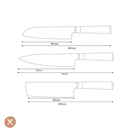 Shinrai Knives - Hammered Damast BR 3-delige Messenset - Koksmes + Nakiri + Santoku