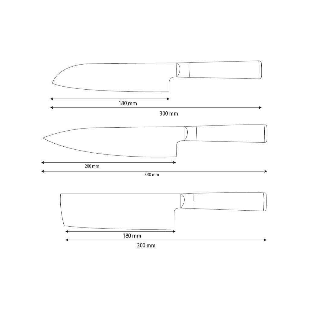 Shinrai Knives - Ensemble de 3 couteaux en damas martelé BR - Couteau de chef + Nakiri + Santoku