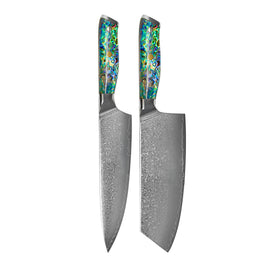 Couteaux Shinrai - Ensemble de 2 couteaux Damas en nacre - Couteau de chef + Nakiri