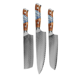 Couteaux Shinrai - Ensemble de couteaux Damas 3 pièces Eclipse - Couteau de chef + Nakiri + Santoku