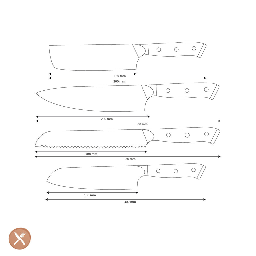 Shinrai Knives - Ensemble de 4 couteaux Damas Eclipse - Couteau de chef + Nakiri + Santoku + Couteau à pain