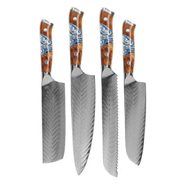 Shinrai Knives - Ensemble de 4 couteaux Damas Eclipse - Couteau de chef + Nakiri + Santoku + Couteau à pain