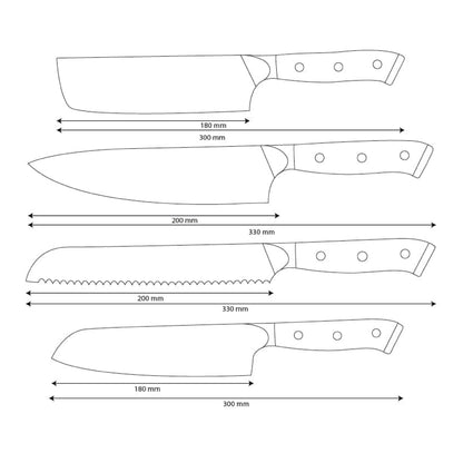 Shinrai Knives - Ensemble de 4 couteaux Damas Eclipse - Couteau de chef + Nakiri + Santoku + Couteau à pain