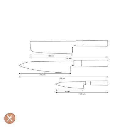 Couteaux Shinrai - Ensemble de couteaux Damas 3 pièces Takumi Kaza - Couteau de chef + Nakiri + Couteau d'office