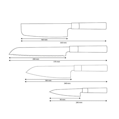 Couteaux Shinrai - Ensemble de couteaux Damas 4 pièces Takumi Kaza - Santoku + Couteau à pain + Nakiri + Couteau d'office