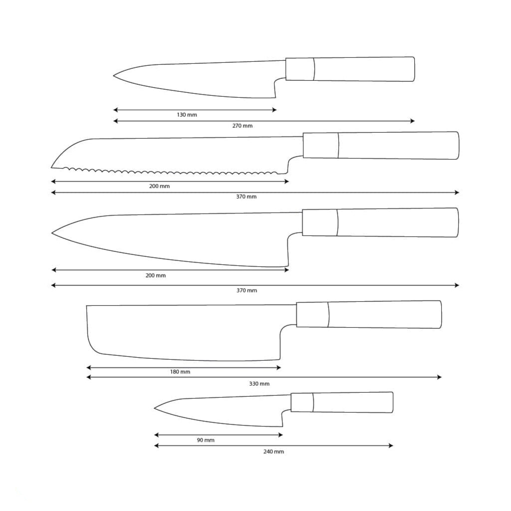 Couteaux Shinrai - Ensemble de couteaux damas Takumi Kaza 5 pièces - Couteau de chef + Couteau à pain + Couteau Nakiri + Couteau de bureau + Couteau d'office