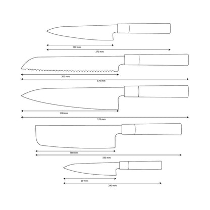 Couteaux Shinrai - Ensemble de couteaux damas Takumi Kaza 5 pièces - Couteau de chef + Couteau à pain + Couteau Nakiri + Couteau de bureau + Couteau d'office