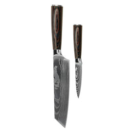 Couteaux Shinrai - Ensemble de 2 couteaux imprimés Damas - Kiritsuke + couteau d&#39;office