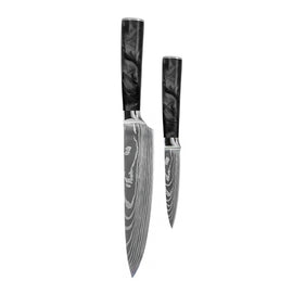Couteaux Shinrai - Ensemble de 2 couteaux Damascus Print Epoxy Onyx - Couteau de chef + Couteau d&#39;office