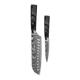 Couteaux Shinrai - Ensemble de 2 couteaux en résine époxy et onyx imprimé Damas - Santoku + couteau d&#39;office