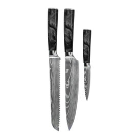 Couteaux Shinrai - Ensemble de 3 couteaux en résine époxy et onyx imprimé Damas - Couteau de chef, couteau à pain et couteau d&#39;office