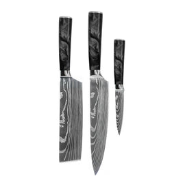 Couteaux Shinrai - Ensemble de 3 couteaux en résine époxy et onyx imprimé Damas - Couteau de chef, couteau Nakiri et couteau d&#39;office