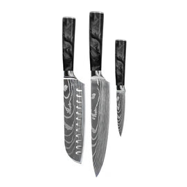 Couteaux Shinrai - Ensemble de 3 couteaux en résine époxy et onyx imprimé Damas - Couteau de chef, Santoku et couteau d&#39;office