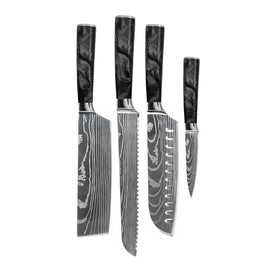 Couteaux Shinrai - Ensemble de 4 couteaux en résine époxy et onyx imprimé Damas - Santoku + couteau à pain + couteau Nakiri + couteau d&#39;office