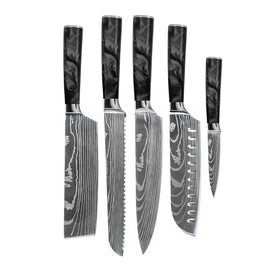 Couteaux Shinrai - Ensemble de 5 couteaux en résine époxy et onyx imprimé Damas - Couteau de chef, couteau à pain, couteau Nakiri, couteau Santoku et couteau d&#39;office