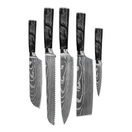Couteaux Shinrai - Ensemble de 5 couteaux en époxy et onyx imprimé Damas - Couteau de chef, couteau à pain, couteau Nakiri, petit Santoku et couteau d&#39;office