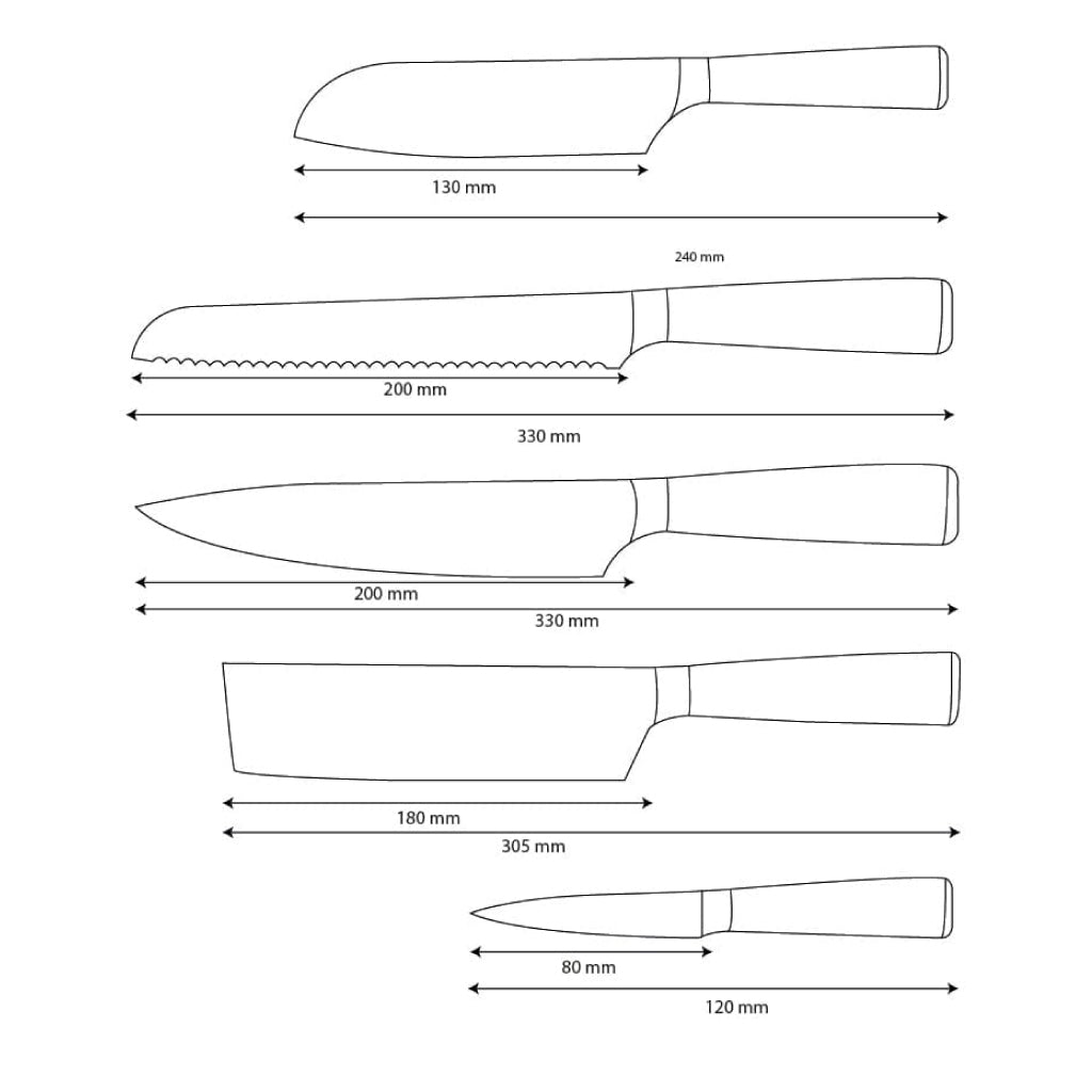 Shinrai Knives - Damascus Print Epoxy Onyx 5-delige Messenset - Koksmes + Broodmes + Nakiri + Kleine Santoku + Schilmes