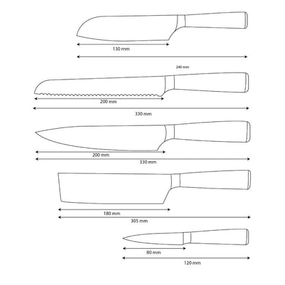 Shinrai Knives - Damascus Print Epoxy Onyx 5-delige Messenset - Koksmes + Broodmes + Nakiri + Kleine Santoku + Schilmes