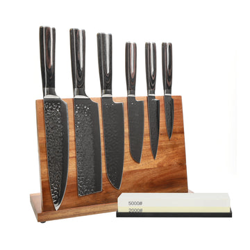 Shinrai Knives - Hammered RVS 6-delige Messenset + Messenblok + Slijpsteen