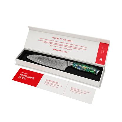 Shinrai Knives - Ensemble de 2 couteaux Damas en nacre - Couteau de chef + Couteau Santoku