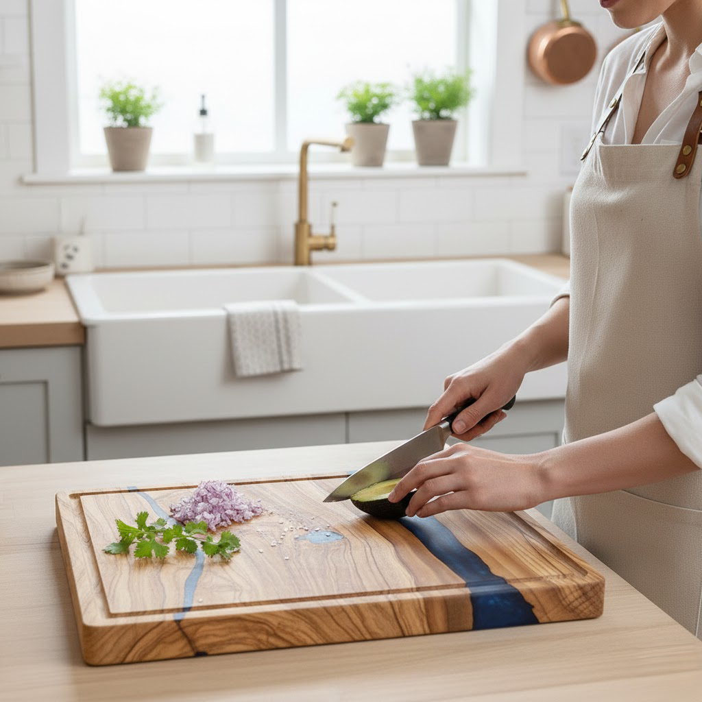 Shinrai Knives - Epoxy Sapphire Snijplank Olijfhout - 40 x 30 x 3 cm